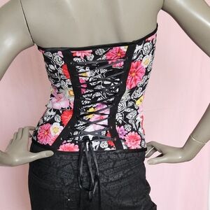 **RARE** Hell Bunny Floral Skull Corset Top- Black, White, Pink, Yellow